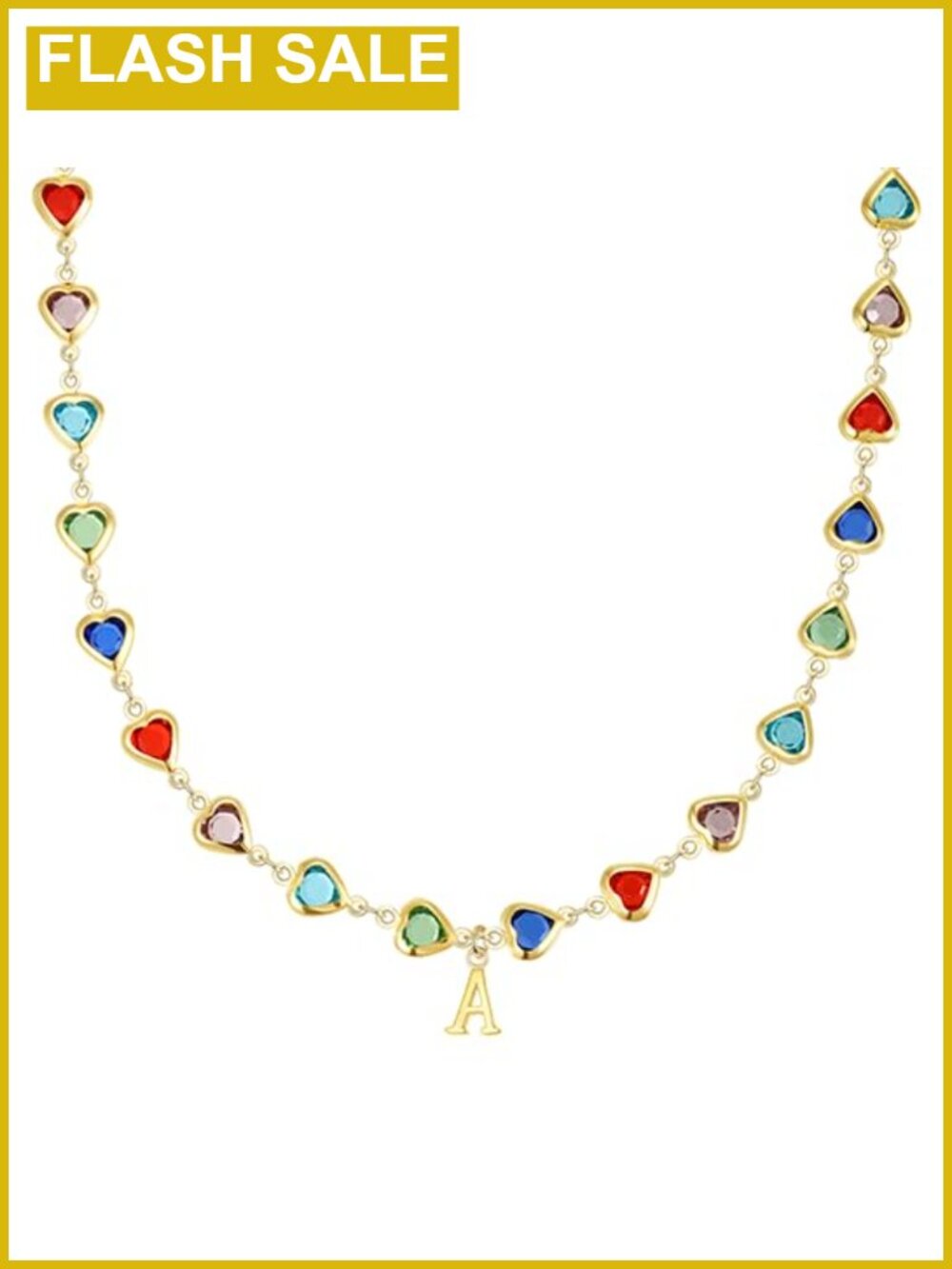 14K Gold Plated Initial Choker Necklace with Colorful Heart Charm